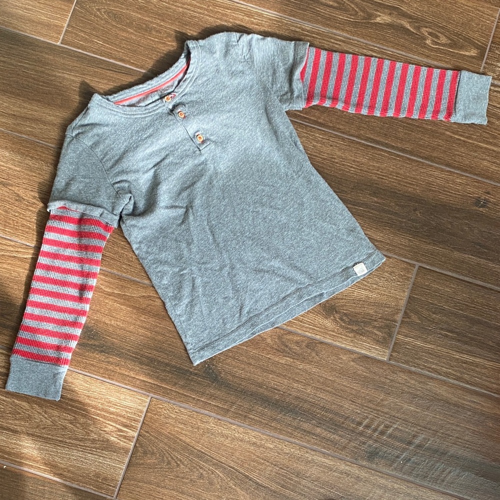 Burt's Bees Gray Shirt with Red Striped Sleeves